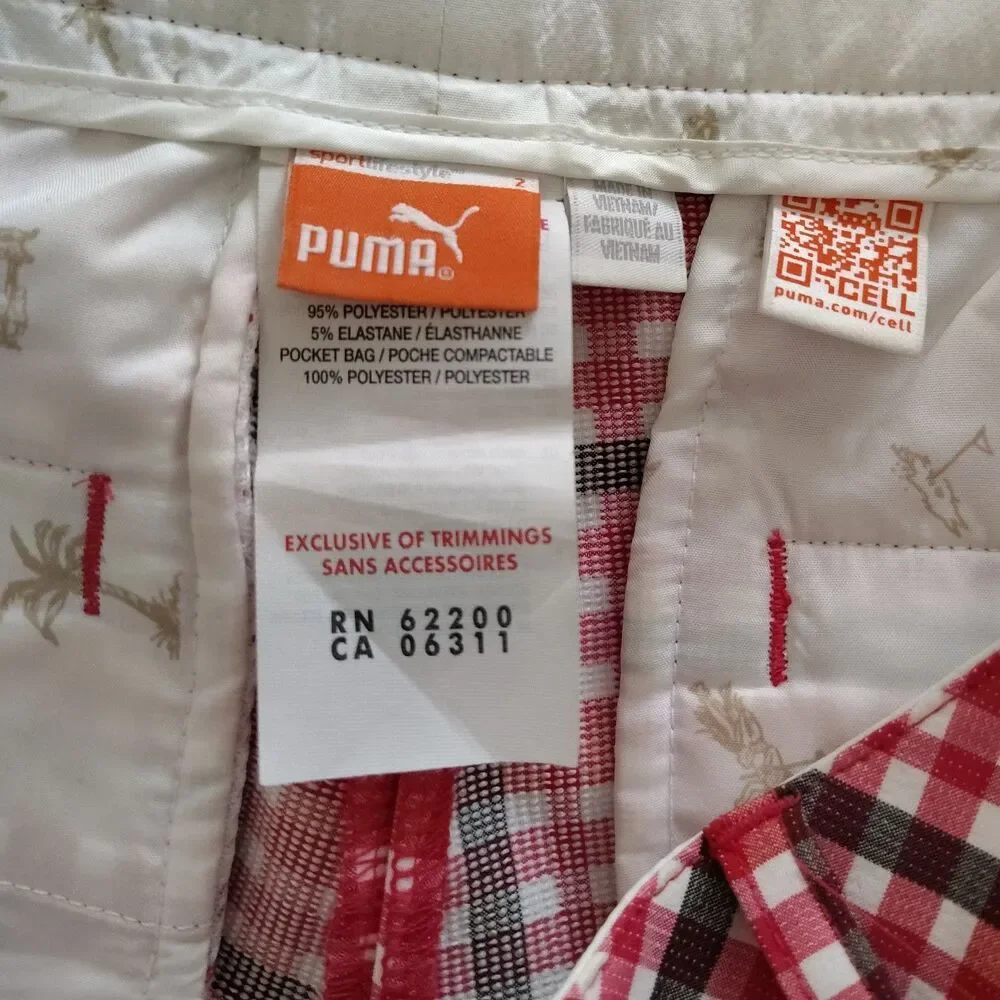 Puma Plaid Golf Shorts Womens Sz 2 Bermuda Red White Stretch Performance Casual